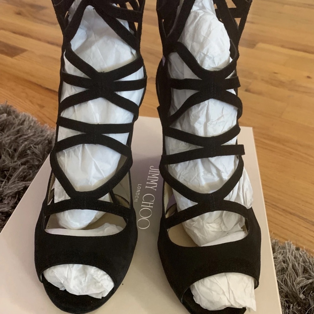 Jimmy Choo Black Strappy Suede Lace-Up Heels